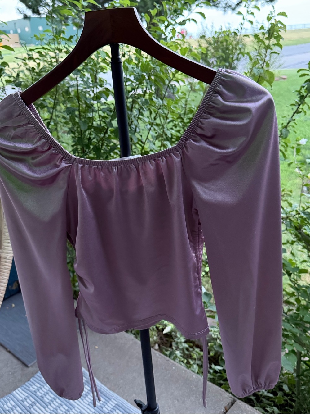Corset Emma Mauve/ Purple Satin Puff-Sleeve Blouse by Madden NYC Size XS - Picture 7 of 15
